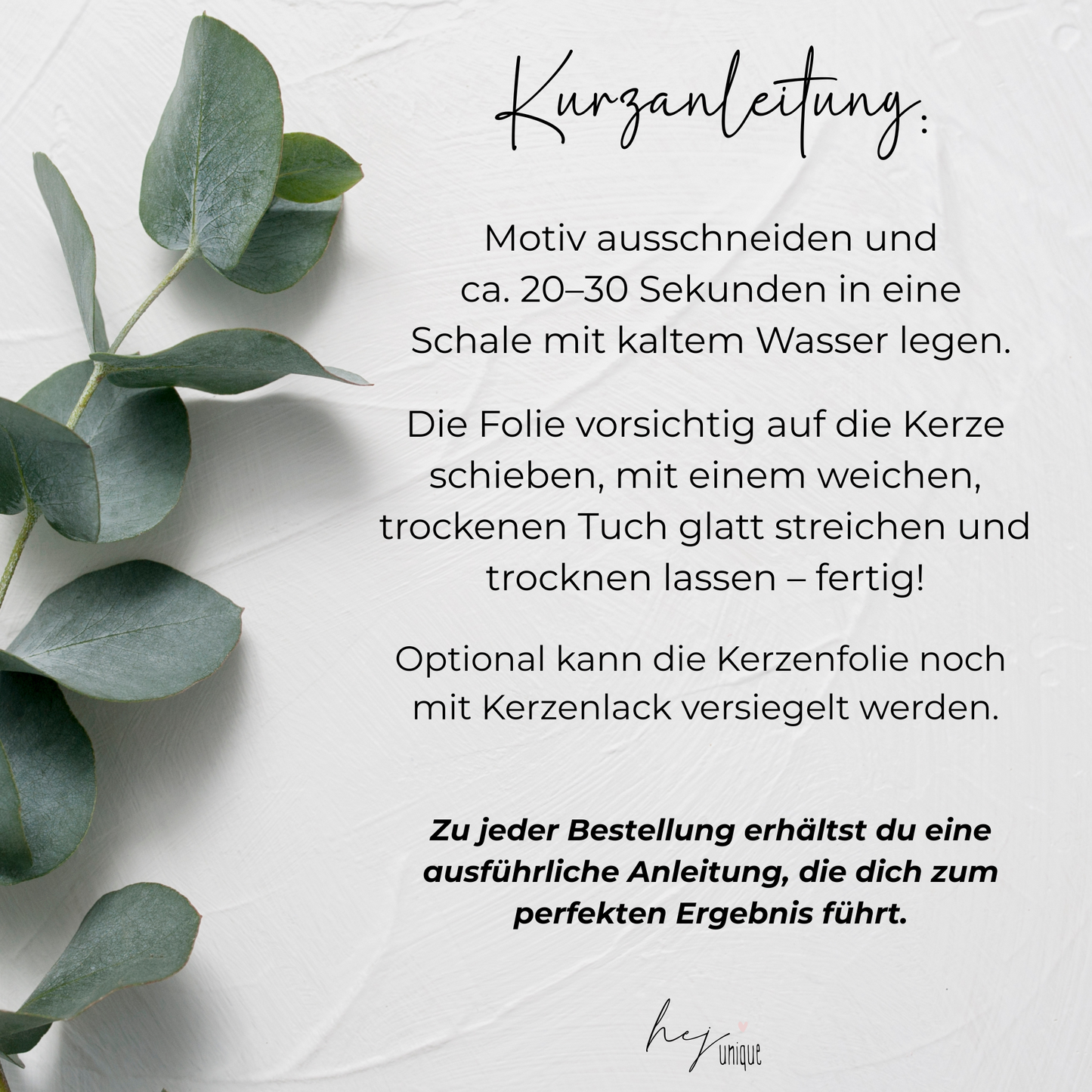 Kerzenfolie Gute Besserung DIY Kerzendeko Folie Warum du unsere Kerzenfolie lieben wirst: ✔ Edle Premium-Folie mit hochwertiger Optik ✔ Speziell für Kerzen entwickelt ✔ Aktivierung des Klebers ganz einfach mit Wasser ✔ Wischfest und langlebig bei sorgfältiger Verarbeitung ✔ Besonders elastisch – passt sich Kerzenoberfläche optimal an ✔ Gewerblich nutzbar – keine zusätzliche Lizenz nötig