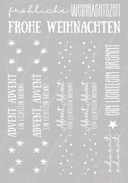 Rub On Aufkleber Schriftzüge Klötzchen XMas A5 Warum du unsere Rub-Ons lieben wirst:  ✔ Randloser Premium-Look   ✔ Besondere Haptik   ✔ Präzise Platzierung dank transparenter Trägerfolie  ✔ Wasser- und kratzfest // Hitze- und UV-beständig   ✔ Starke Haftung auf Glas, Keramik, Holz, Raysin u.v.m.  ✔ Langlebig und hochwertig verarbeitet  ✔ Auch gewerblich nutzbar – keine zusätzliche Lizenz nötig