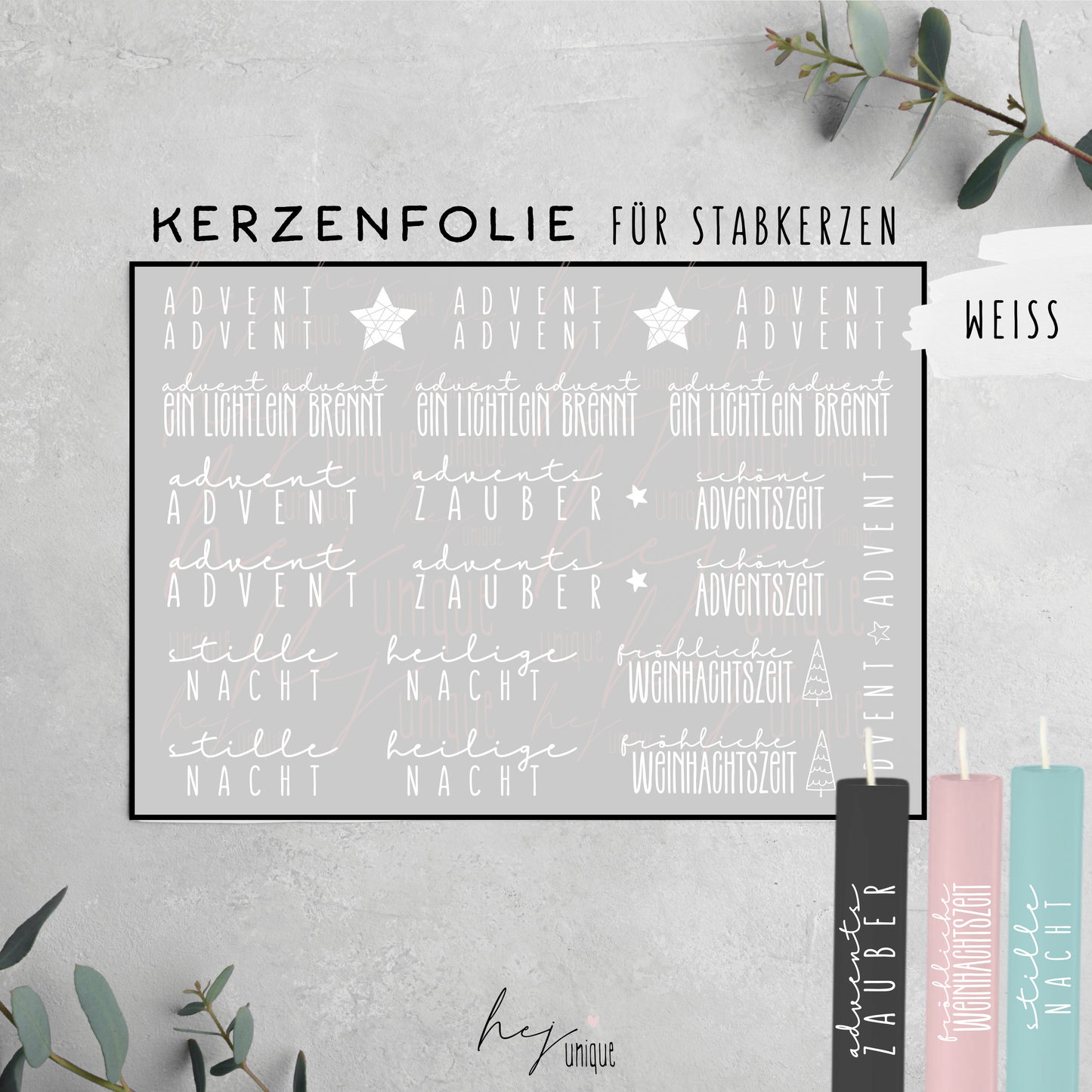 Kerzenfolie Schriftzüge *Advent Advent* kurze Stabkerzen