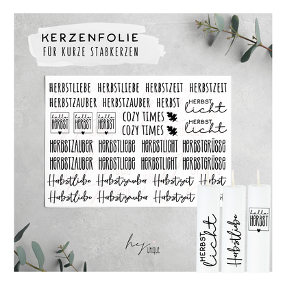 Kerzenfolie Herbstzauber kurze Kerzen Warum du unsere Kerzenfolie lieben wirst:  ✔ Edle Premium-Folie mit hochwertiger Optik  ✔ Speziell für Kerzen entwickelt   ✔ Aktivierung des Klebers ganz einfach mit Wasser   ✔ Wischfest und langlebig bei sorgfältiger Verarbeitung  ✔ Besonders elastisch – passt sich Kerzenoberfläche optimal an  ✔ Gewerblich nutzbar – keine zusätzliche Lizenz nötig