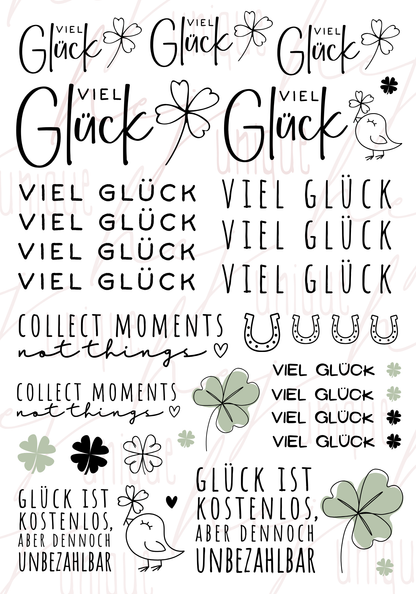 Rub On Aufkleber Bogen Viel Glück A5 Warum du unsere Rub-Ons lieben wirst:  ✔ Randloser Premium-Look   ✔ Besondere Haptik   ✔ Präzise Platzierung dank transparenter Trägerfolie  ✔ Wasser- und kratzfest // Hitze- und UV-beständig   ✔ Starke Haftung auf Glas, Keramik, Holz, Raysin u.v.m.  ✔ Langlebig und hochwertig verarbeitet  ✔ Auch gewerblich nutzbar – keine zusätzliche Lizenz nötig