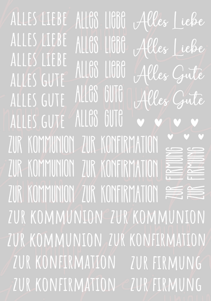 Rub On Aufkleber "Schriftzüge Kommunion/ Konfirmation/ Firmung" Reagenzgläser A5