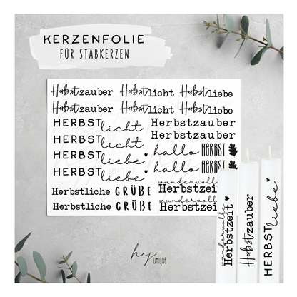 Kerzenfolie Herbstzauber Stabkerzen Warum du unsere Kerzenfolie lieben wirst:  ✔ Edle Premium-Folie mit hochwertiger Optik  ✔ Speziell für Kerzen entwickelt   ✔ Aktivierung des Klebers ganz einfach mit Wasser   ✔ Wischfest und langlebig bei sorgfältiger Verarbeitung  ✔ Besonders elastisch – passt sich Kerzenoberfläche optimal an  ✔ Gewerblich nutzbar – keine zusätzliche Lizenz nötig