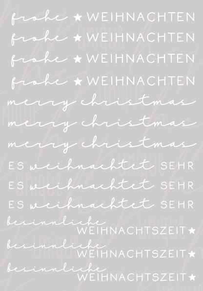 Rub On Aufkleber Schriftzüge Weihnachten A5 Warum du unsere Rub-Ons lieben wirst:  ✔ Randloser Premium-Look   ✔ Besondere Haptik   ✔ Präzise Platzierung dank transparenter Trägerfolie  ✔ Wasser- und kratzfest // Hitze- und UV-beständig   ✔ Starke Haftung auf Glas, Keramik, Holz, Raysin u.v.m.  ✔ Langlebig und hochwertig verarbeitet  ✔ Auch gewerblich nutzbar – keine zusätzliche Lizenz nötig