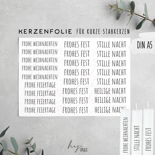 Kerzenfolie Schriftzüge  *Frohes Fest* kurze Stabkerzen