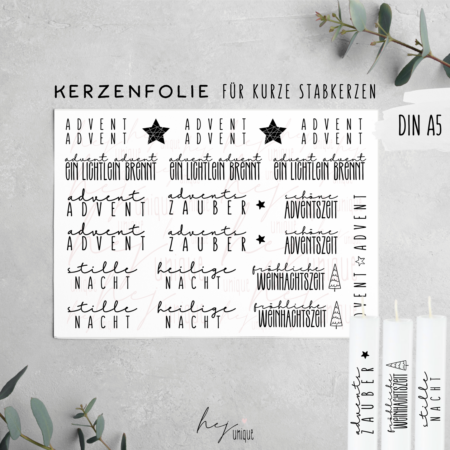 Kerzenfolie Schriftzüge *Advent Advent* kurze Stabkerzen
