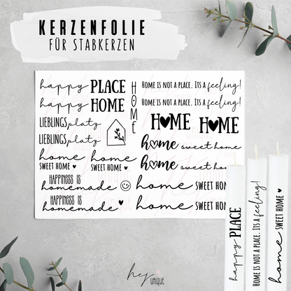 Kerzenfolie Home für Stumpenkerzen Warum du unsere Kerzenfolie lieben wirst:  ✔ Edle Premium-Folie mit hochwertiger Optik  ✔ Speziell für Kerzen entwickelt   ✔ Aktivierung des Klebers ganz einfach mit Wasser   ✔ Wischfest und langlebig bei sorgfältiger Verarbeitung  ✔ Besonders elastisch – passt sich Kerzenoberfläche optimal an  ✔ Gewerblich nutzbar – keine zusätzliche Lizenz nötig