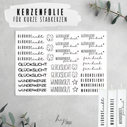 Kerzenfolie Glückslicht kurze Kerzen Warum du unsere Kerzenfolie lieben wirst:  ✔ Edle Premium-Folie mit hochwertiger Optik  ✔ Speziell für Kerzen entwickelt   ✔ Aktivierung des Klebers ganz einfach mit Wasser   ✔ Wischfest und langlebig bei sorgfältiger Verarbeitung  ✔ Besonders elastisch – passt sich Kerzenoberfläche optimal an  ✔ Gewerblich nutzbar – keine zusätzliche Lizenz nötig