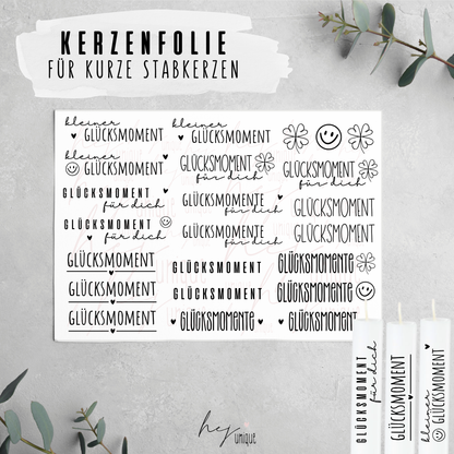 Kerzenfolie Glücksmoment kurze Kerzen Warum du unsere Kerzenfolie lieben wirst:  ✔ Edle Premium-Folie mit hochwertiger Optik  ✔ Speziell für Kerzen entwickelt   ✔ Aktivierung des Klebers ganz einfach mit Wasser   ✔ Wischfest und langlebig bei sorgfältiger Verarbeitung  ✔ Besonders elastisch – passt sich Kerzenoberfläche optimal an  ✔ Gewerblich nutzbar – keine zusätzliche Lizenz nötig
