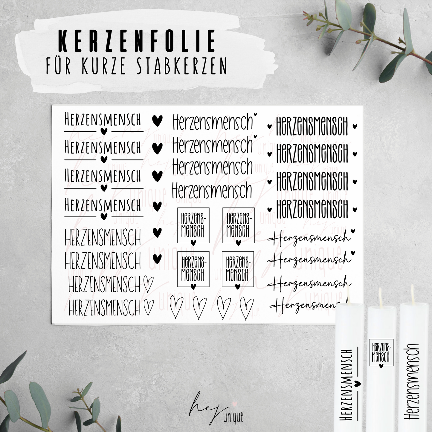 Kerzenfolie  *Herzensmensch*  kurze Kerzen