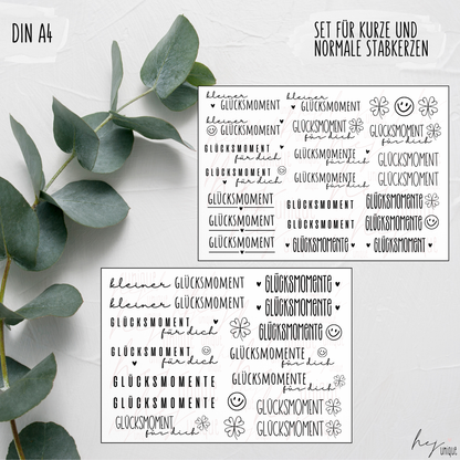 Kerzenfolie Glücksmoment kurze Kerzen Warum du unsere Kerzenfolie lieben wirst:  ✔ Edle Premium-Folie mit hochwertiger Optik  ✔ Speziell für Kerzen entwickelt   ✔ Aktivierung des Klebers ganz einfach mit Wasser   ✔ Wischfest und langlebig bei sorgfältiger Verarbeitung  ✔ Besonders elastisch – passt sich Kerzenoberfläche optimal an  ✔ Gewerblich nutzbar – keine zusätzliche Lizenz nötig