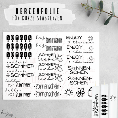 Kerzenfolie Sommer kurze Kerzen Warum du unsere Kerzenfolie lieben wirst:  ✔ Edle Premium-Folie mit hochwertiger Optik  ✔ Speziell für Kerzen entwickelt   ✔ Aktivierung des Klebers ganz einfach mit Wasser   ✔ Wischfest und langlebig bei sorgfältiger Verarbeitung  ✔ Besonders elastisch – passt sich Kerzenoberfläche optimal an  ✔ Gewerblich nutzbar – keine zusätzliche Lizenz nötig