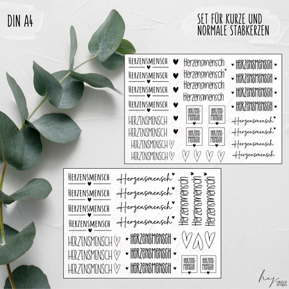 Kerzenfolie Herzensmensch kurze Kerzen Warum du unsere Kerzenfolie lieben wirst:  ✔ Edle Premium-Folie mit hochwertiger Optik  ✔ Speziell für Kerzen entwickelt   ✔ Aktivierung des Klebers ganz einfach mit Wasser   ✔ Wischfest und langlebig bei sorgfältiger Verarbeitung  ✔ Besonders elastisch – passt sich Kerzenoberfläche optimal an  ✔ Gewerblich nutzbar – keine zusätzliche Lizenz nötig