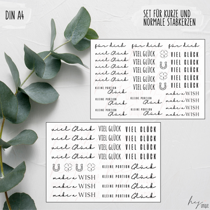 Kerzenfolie viel Glück kurze Kerzen Warum du unsere Kerzenfolie lieben wirst:  ✔ Edle Premium-Folie mit hochwertiger Optik  ✔ Speziell für Kerzen entwickelt   ✔ Aktivierung des Klebers ganz einfach mit Wasser   ✔ Wischfest und langlebig bei sorgfältiger Verarbeitung  ✔ Besonders elastisch – passt sich Kerzenoberfläche optimal an  ✔ Gewerblich nutzbar – keine zusätzliche Lizenz nötig