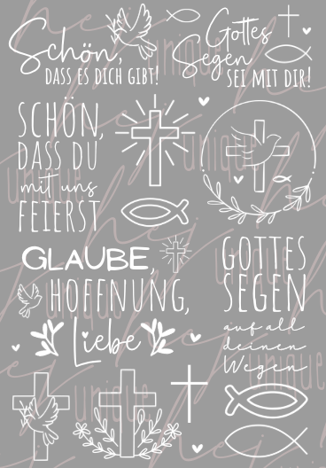 Rub On Aufkleber Glaube Taufe Kommunion Konfirmation mit christlichen Motiven und Sprüchen auf grauem Hintergrund