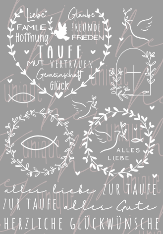 Rub On Aufkleber Taufe Glaube Kirche A5 mit religiösen Motiven und Glückwünschen zur Taufe.