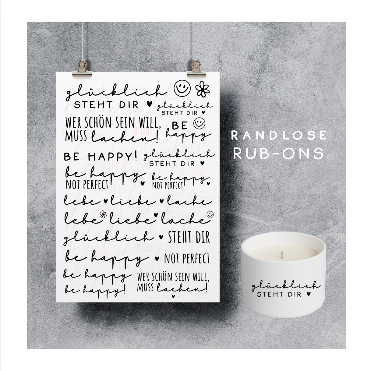 Rub On Aufkleber Sei glücklich A5 Warum du unsere Rub-Ons lieben wirst:  ✔ Randloser Premium-Look   ✔ Besondere Haptik   ✔ Präzise Platzierung dank transparenter Trägerfolie  ✔ Wasser- und kratzfest // Hitze- und UV-beständig   ✔ Starke Haftung auf Glas, Keramik, Holz, Raysin u.v.m.  ✔ Langlebig und hochwertig verarbeitet  ✔ Auch gewerblich nutzbar – keine zusätzliche Lizenz nötig