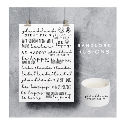 Rub On Aufkleber Sei glücklich A5 Warum du unsere Rub-Ons lieben wirst:  ✔ Randloser Premium-Look   ✔ Besondere Haptik   ✔ Präzise Platzierung dank transparenter Trägerfolie  ✔ Wasser- und kratzfest // Hitze- und UV-beständig   ✔ Starke Haftung auf Glas, Keramik, Holz, Raysin u.v.m.  ✔ Langlebig und hochwertig verarbeitet  ✔ Auch gewerblich nutzbar – keine zusätzliche Lizenz nötig