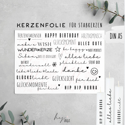 Kerzenfolie Transfer Kerze Sprüche Mix Warum du unsere Kerzenfolie lieben wirst:  ✔ Edle Premium-Folie mit hochwertiger Optik  ✔ Speziell für Kerzen entwickelt   ✔ Aktivierung des Klebers ganz einfach mit Wasser   ✔ Wischfest und langlebig bei sorgfältiger Verarbeitung  ✔ Besonders elastisch – passt sich Kerzenoberfläche optimal an  ✔ Gewerblich nutzbar – keine zusätzliche Lizenz nötig