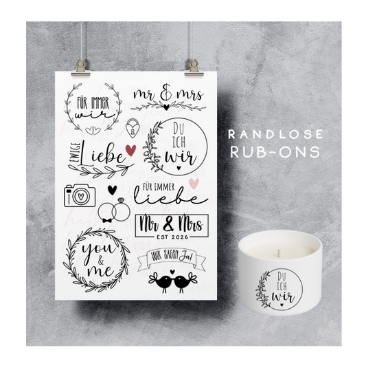 Rub On Aufkleber Hochzeit 3 A5 Warum du unsere Rub-Ons lieben wirst:  ✔ Randloser Premium-Look   ✔ Besondere Haptik   ✔ Präzise Platzierung dank transparenter Trägerfolie  ✔ Wasser- und kratzfest // Hitze- und UV-beständig   ✔ Starke Haftung auf Glas, Keramik, Holz, Raysin u.v.m.  ✔ Langlebig und hochwertig verarbeitet  ✔ Auch gewerblich nutzbar – keine zusätzliche Lizenz nötig
