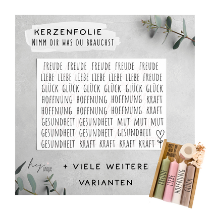 Kerzenfolie Nimm Dir was du brauchst ALLE Varianten Warum du unsere Kerzenfolie lieben wirst:  ✔ Edle Premium-Folie mit hochwertiger Optik  ✔ Speziell für Kerzen entwickelt   ✔ Aktivierung des Klebers ganz einfach mit Wasser   ✔ Wischfest und langlebig bei sorgfältiger Verarbeitung  ✔ Besonders elastisch – passt sich Kerzenoberfläche optimal an  ✔ Gewerblich nutzbar – keine zusätzliche Lizenz nötig