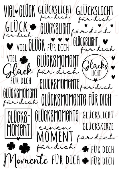 Rub On Aufkleber Glück A5 Warum du unsere Rub-Ons lieben wirst:  ✔ Randloser Premium-Look   ✔ Besondere Haptik   ✔ Präzise Platzierung dank transparenter Trägerfolie  ✔ Wasser- und kratzfest // Hitze- und UV-beständig   ✔ Starke Haftung auf Glas, Keramik, Holz, Raysin u.v.m.  ✔ Langlebig und hochwertig verarbeitet  ✔ Auch gewerblich nutzbar – keine zusätzliche Lizenz nötig